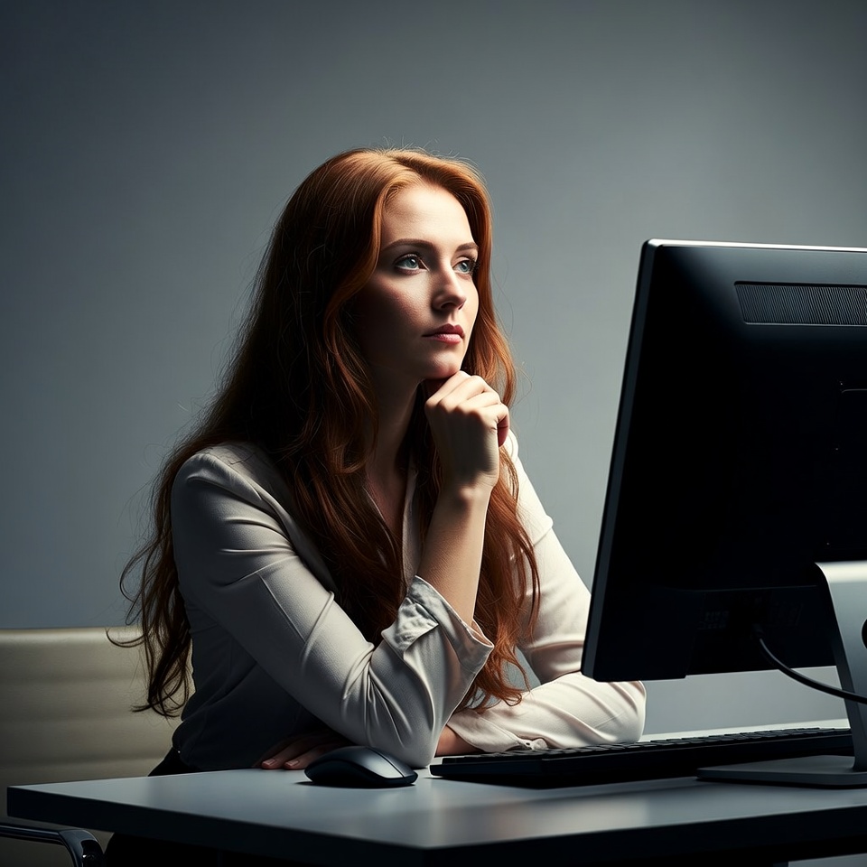Redhead woman thinking at computer desk Redhead woman thinking at computer desk