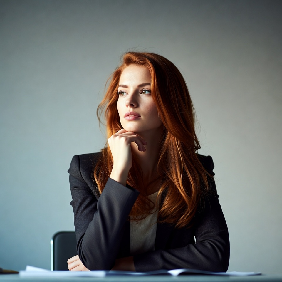 Redhead woman thinking at desk Redhead woman thinking at desk