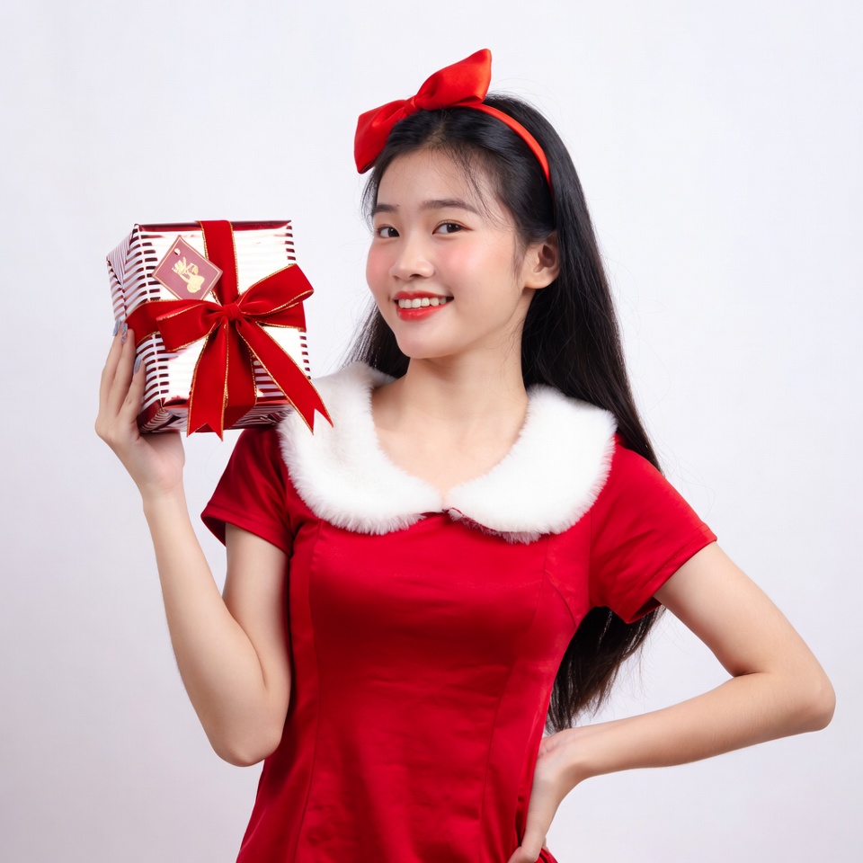 Asian girl holding red Christmas gift Asian girl holding red Christmas gift