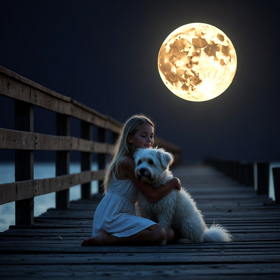 Girl hugging dog on moonlit pier Girl hugging dog on moonlit pier