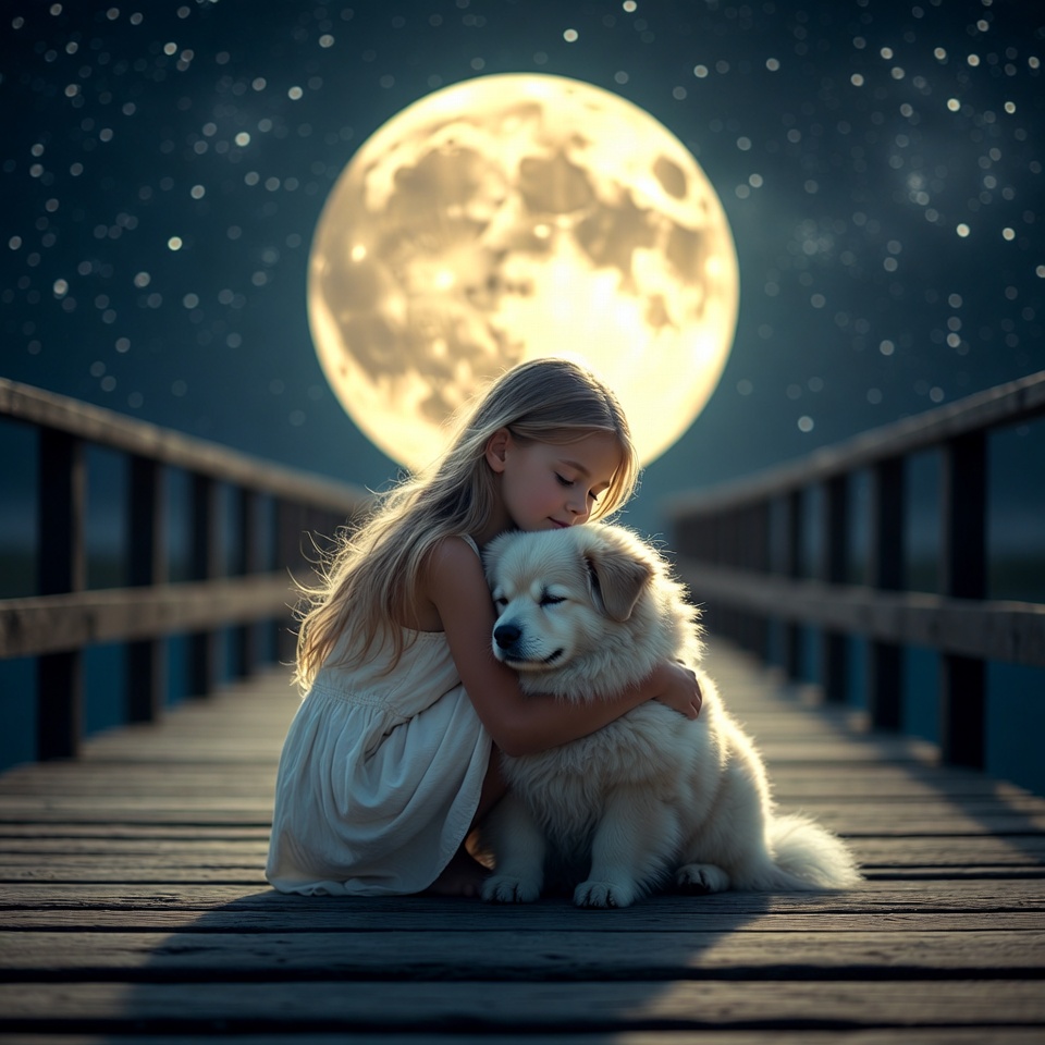 Girl hugging Samoyed dog on moonlit pier Girl hugging Samoyed dog on moonlit pier