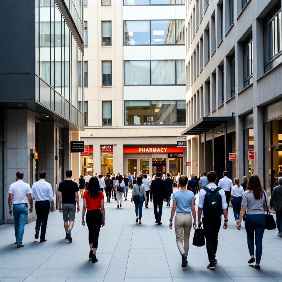 Crowd walking past pharmacy storefront Crowd walking past pharmacy storefront
