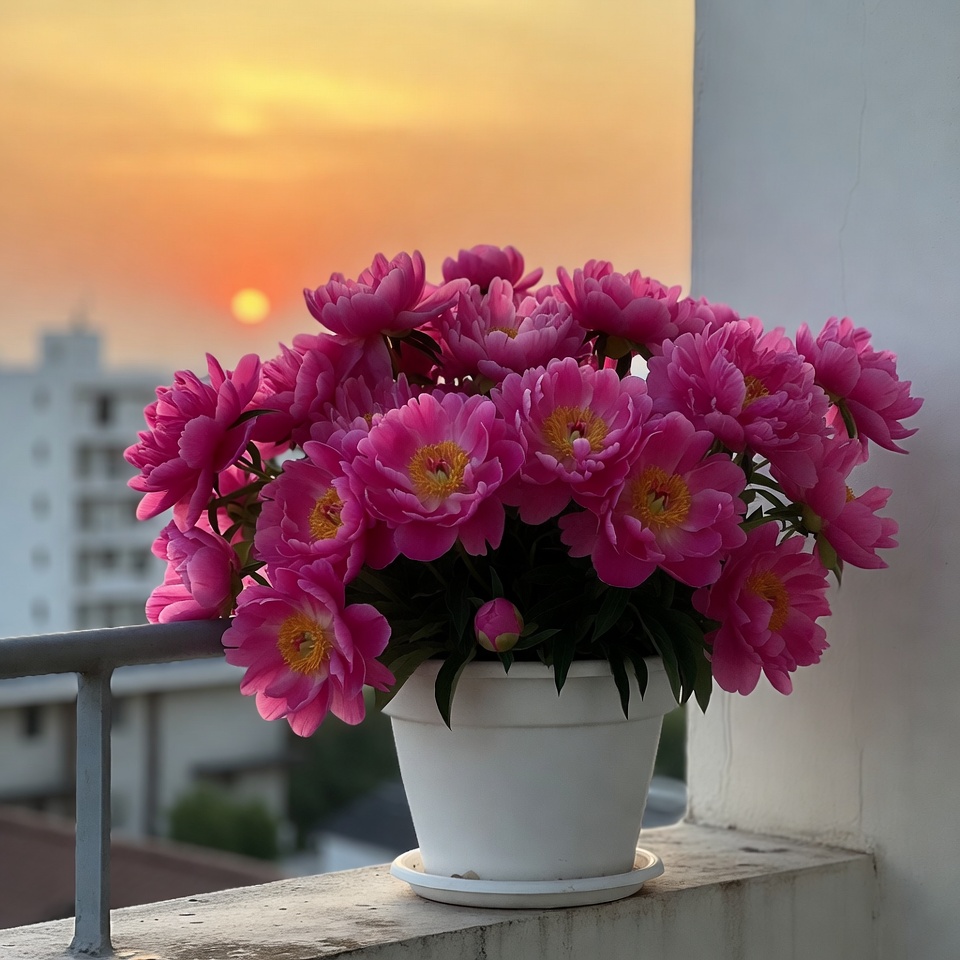 Pink Peonies in Pot at Sunset Pink Peonies in Pot at Sunset
