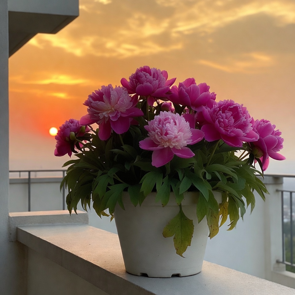 Pink peonies in pot at sunset Pink peonies in pot at sunset