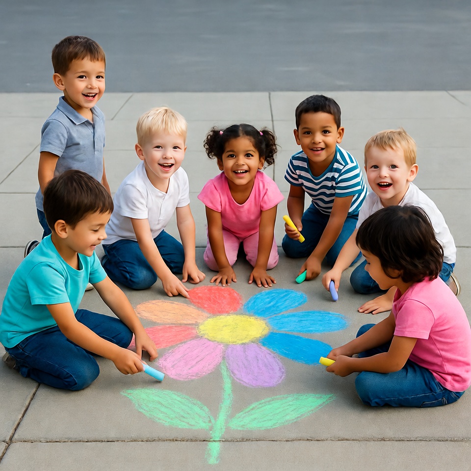 Diverse children drawing chalk flower Diverse children drawing chalk flower