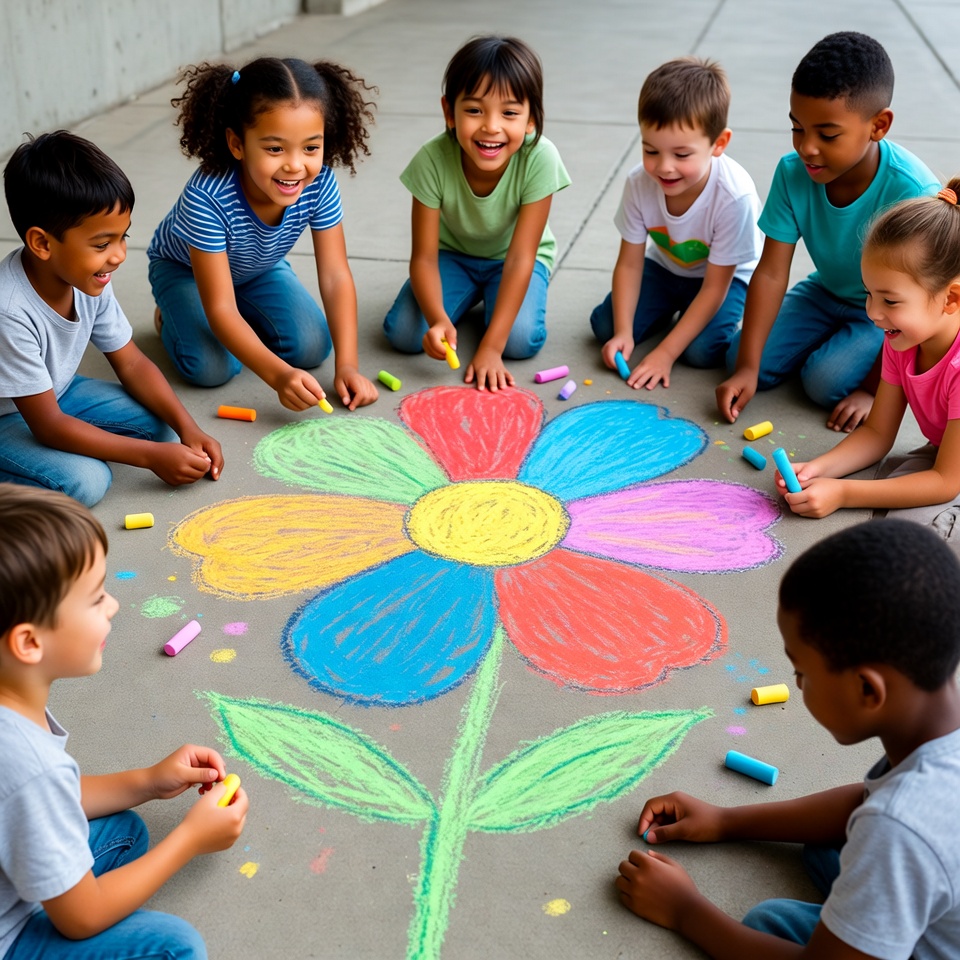 Diverse children drawing giant flower with chalk Diverse children drawing giant flower with chalk