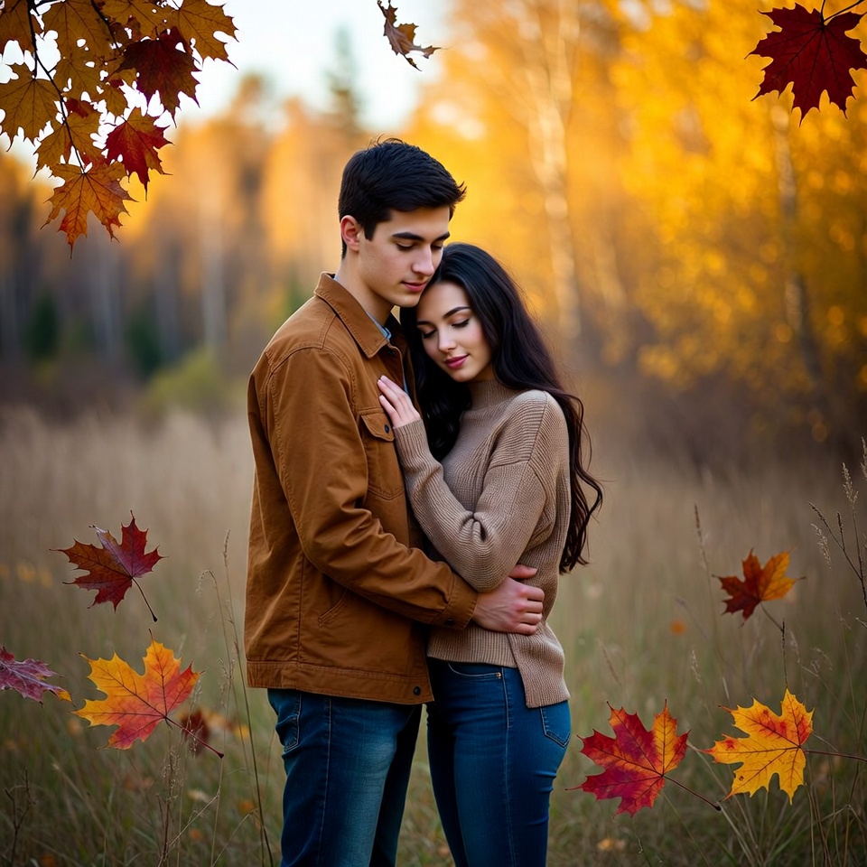 Young couple embracing in autumn forest Young couple embracing in autumn forest