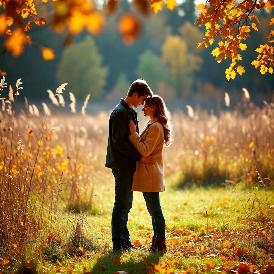 Young couple embracing in autumn field Young couple embracing in autumn field
