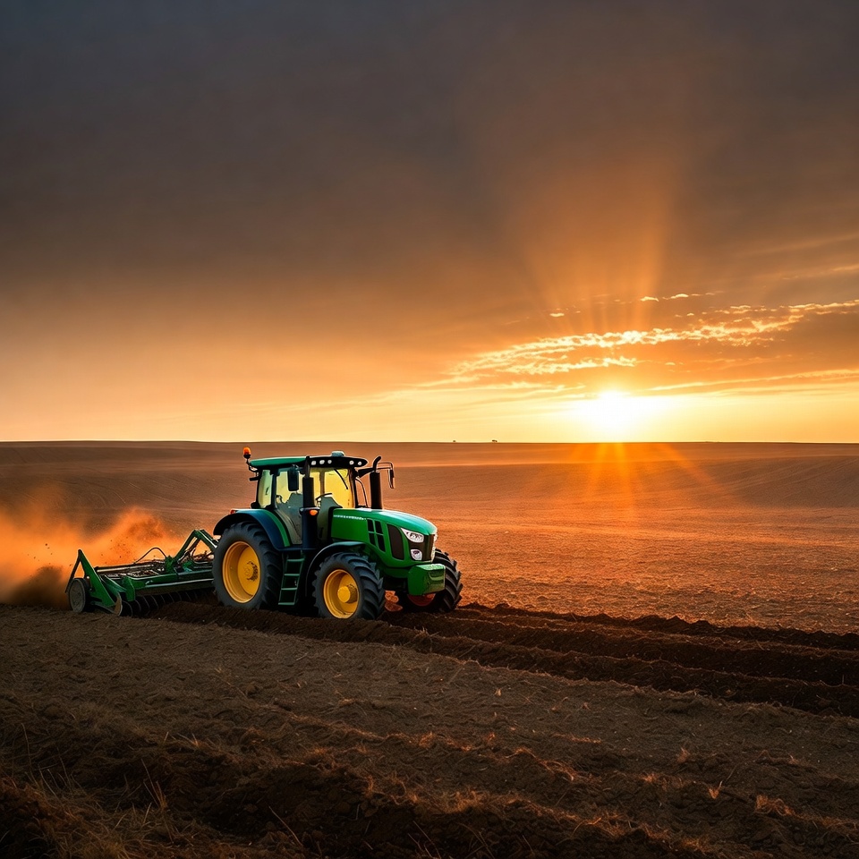 Green Tractor Plowing Field at Sunset Green Tractor Plowing Field at Sunset