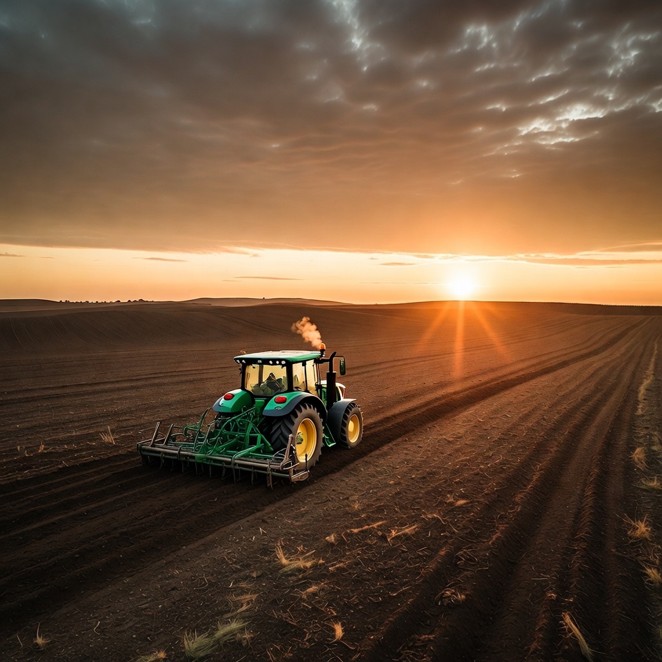 Green Tractor Plowing Field at Sunset Green Tractor Plowing Field at Sunset