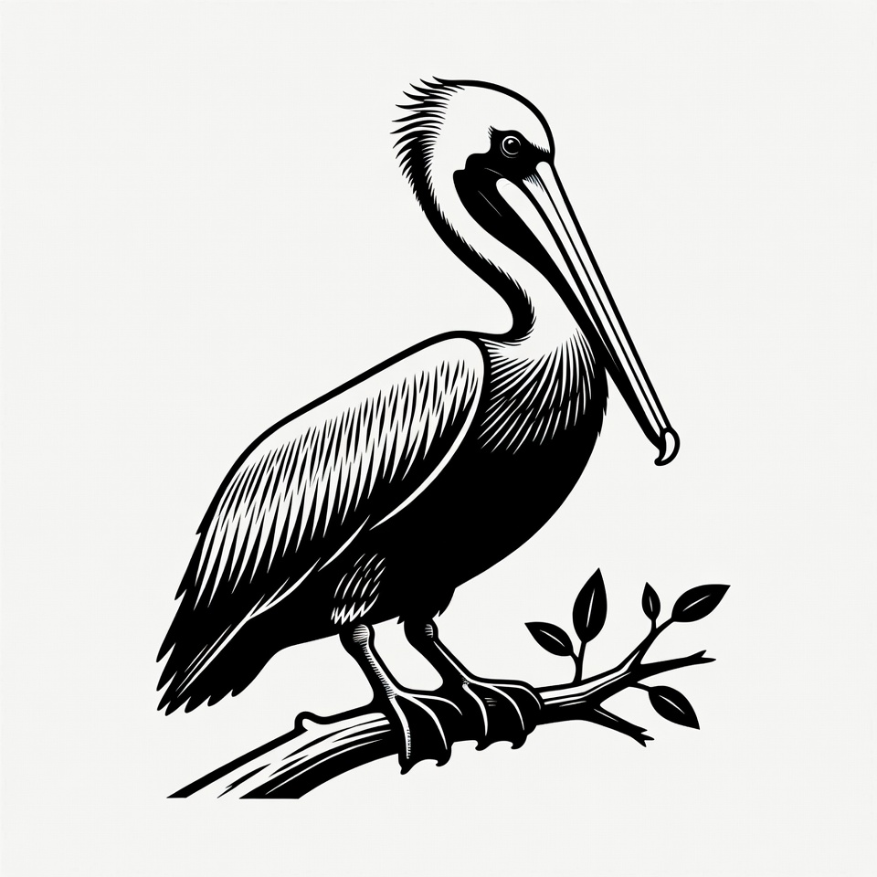 Pelican perched on branch illustration Pelican perched on branch illustration