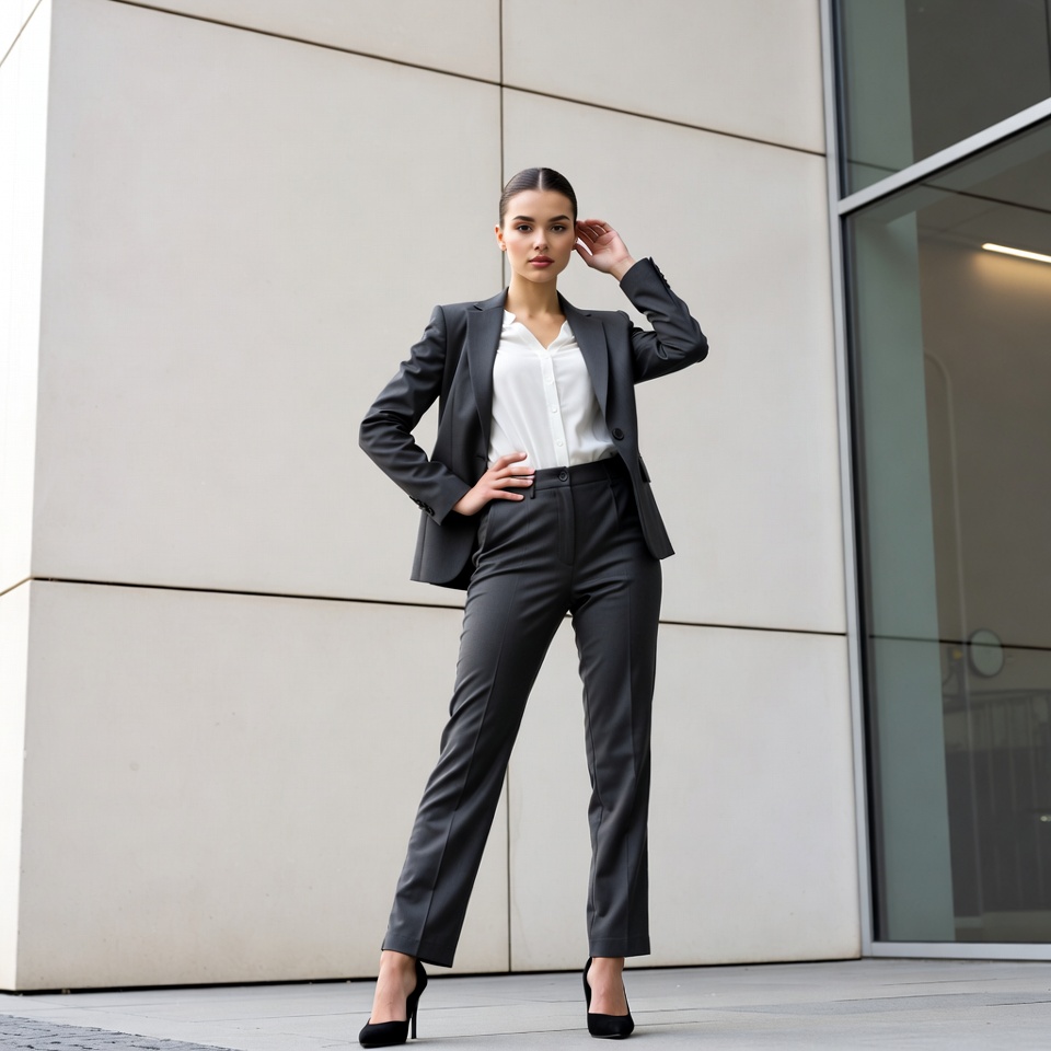 Woman in gray suit posing confidently Woman in gray suit posing confidently