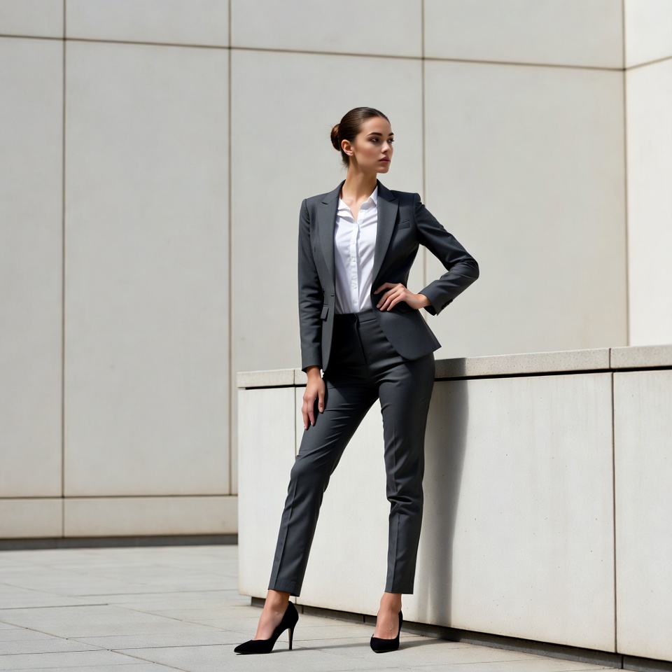 Woman in gray business suit posing Woman in gray business suit posing
