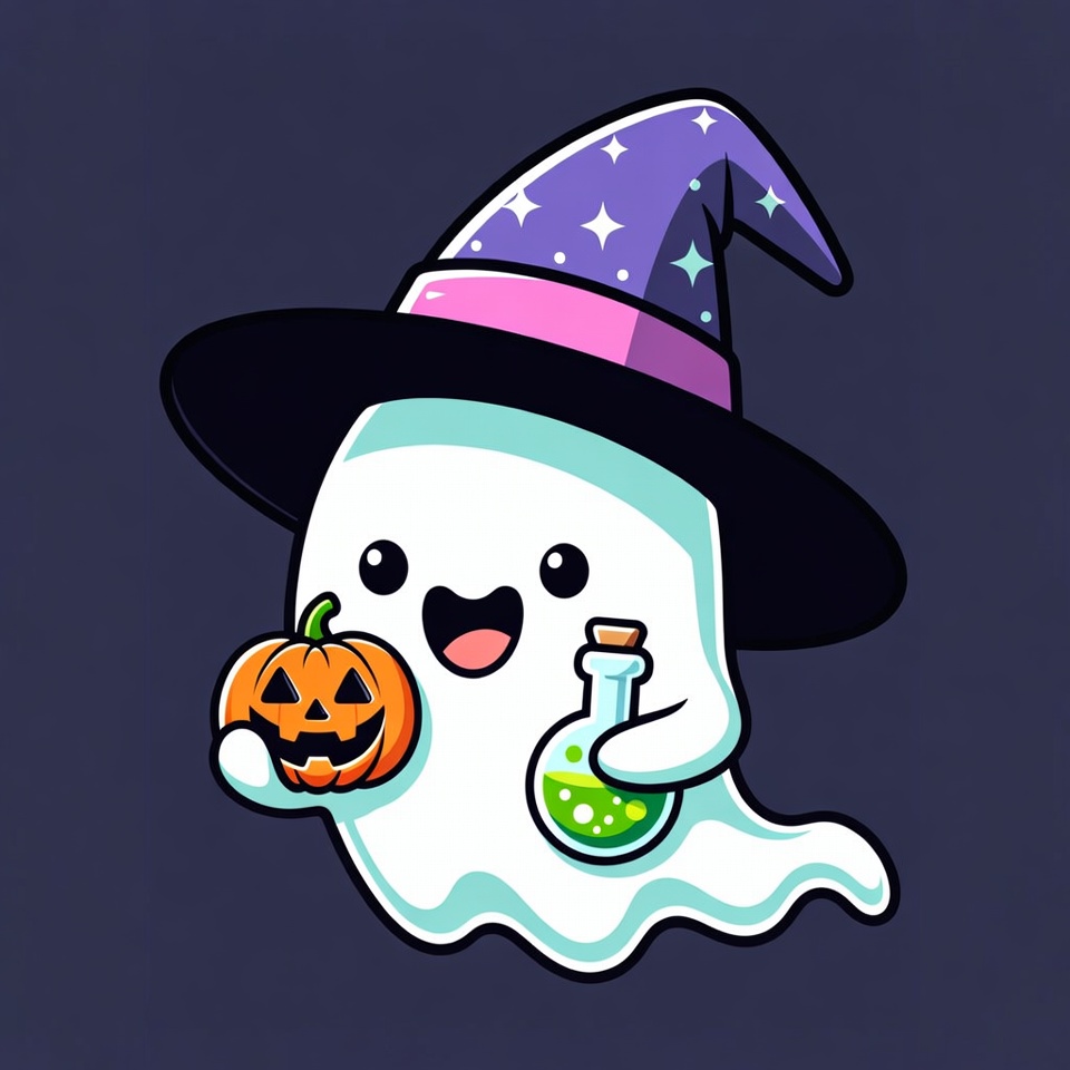 Cute Ghost Holding Pumpkin and Potion Cute Ghost Holding Pumpkin and Potion