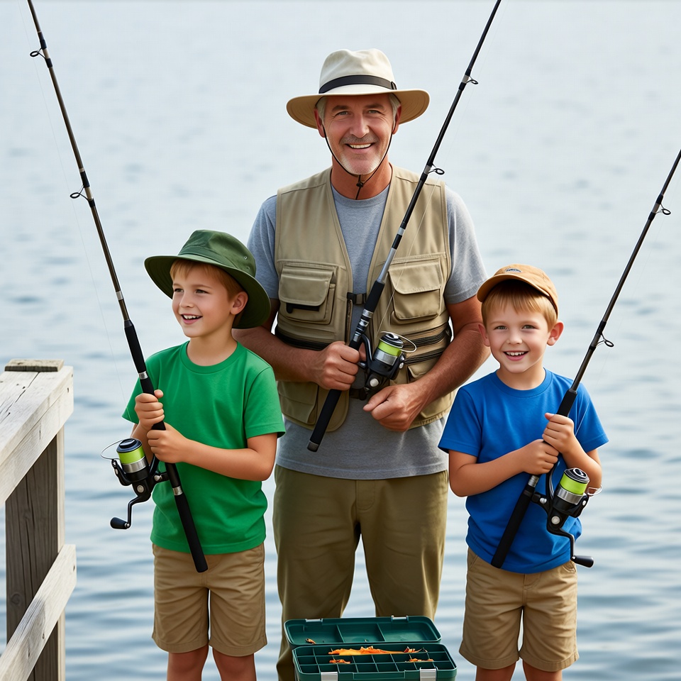 Grandfather fishing with two boys Grandfather fishing with two boys