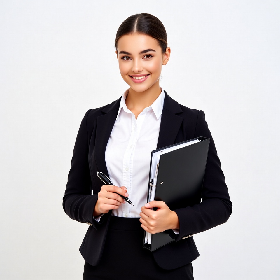 Smiling woman holding binder and pen Smiling woman holding binder and pen