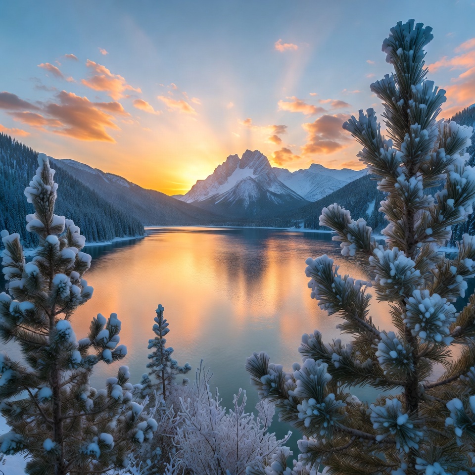 Sunrise over snowy mountains and lake Sunrise over snowy mountains and lake