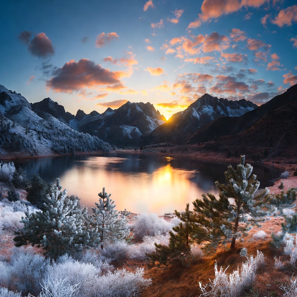 Sunrise over snowy mountains and lake Sunrise over snowy mountains and lake