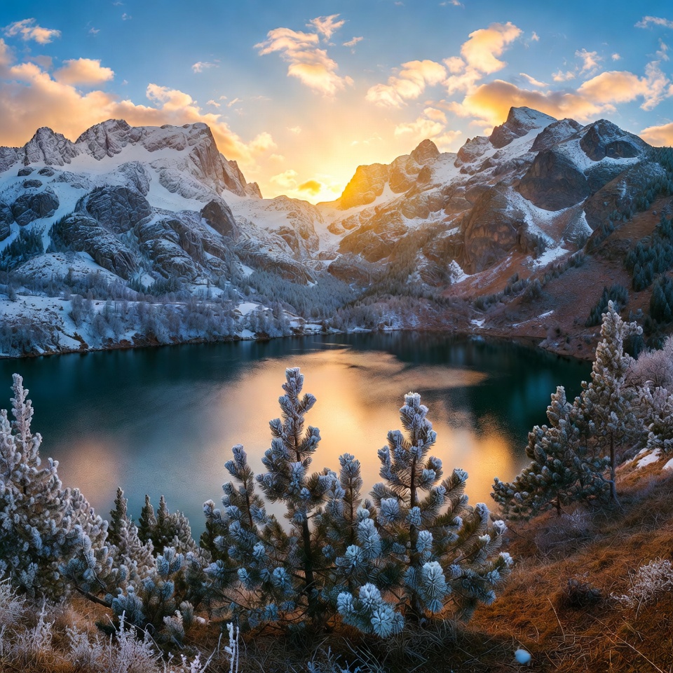 Sunrise over snowy mountains and lake Sunrise over snowy mountains and lake