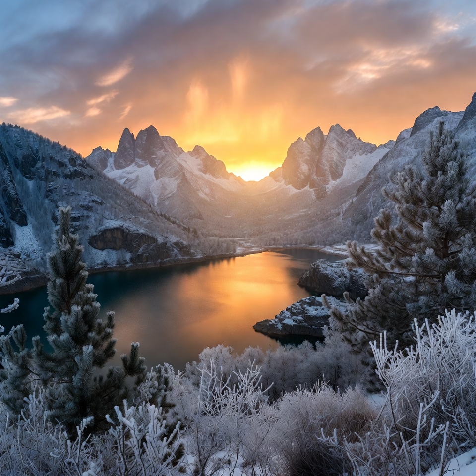 Sunrise over snowy mountains and lake Sunrise over snowy mountains and lake