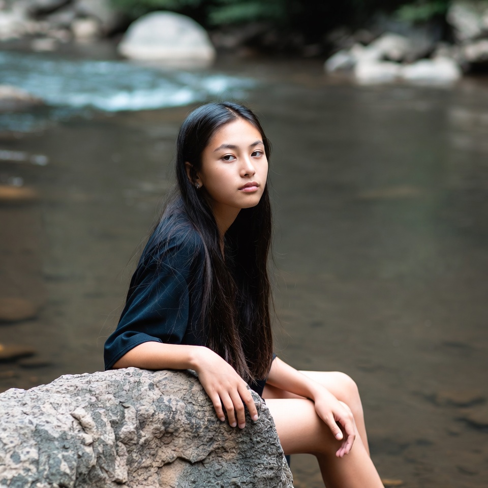 Asian girl sitting on rock by stream Asian girl sitting on rock by stream