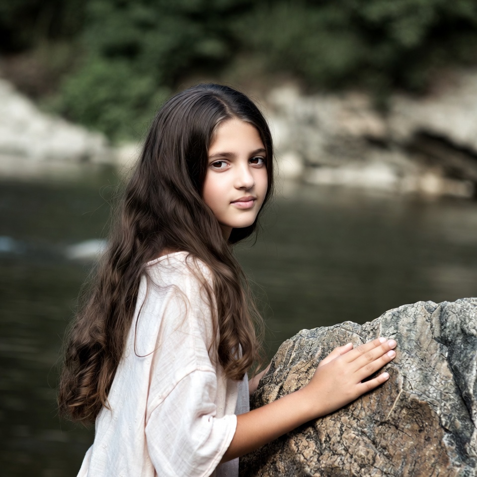 Girl leaning on rock by river Girl leaning on rock by river