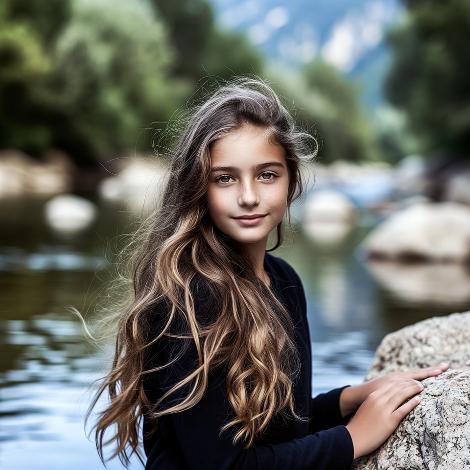 Girl by river with mountains Girl by river with mountains