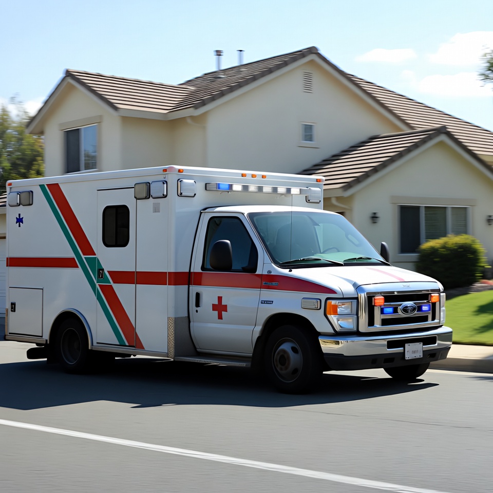Ambulance parked near suburban houses Ambulance parked near suburban houses