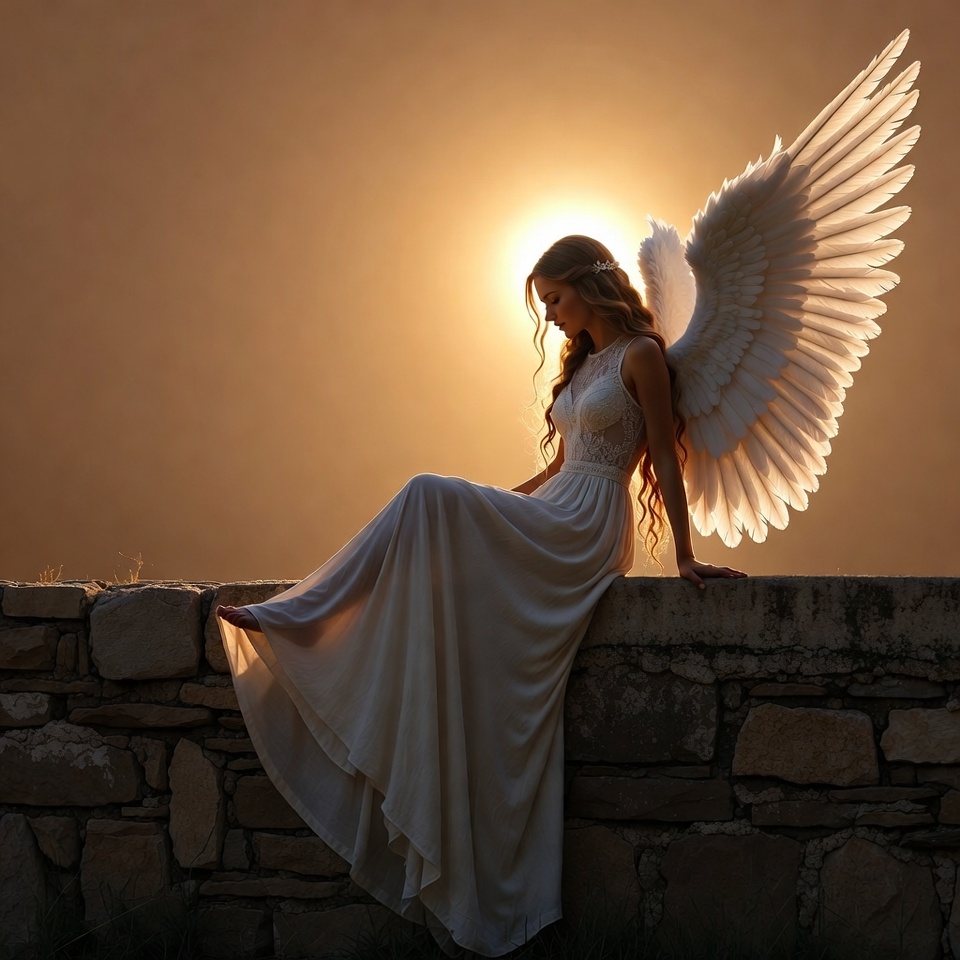 Woman angel sitting on stone wall Woman angel sitting on stone wall