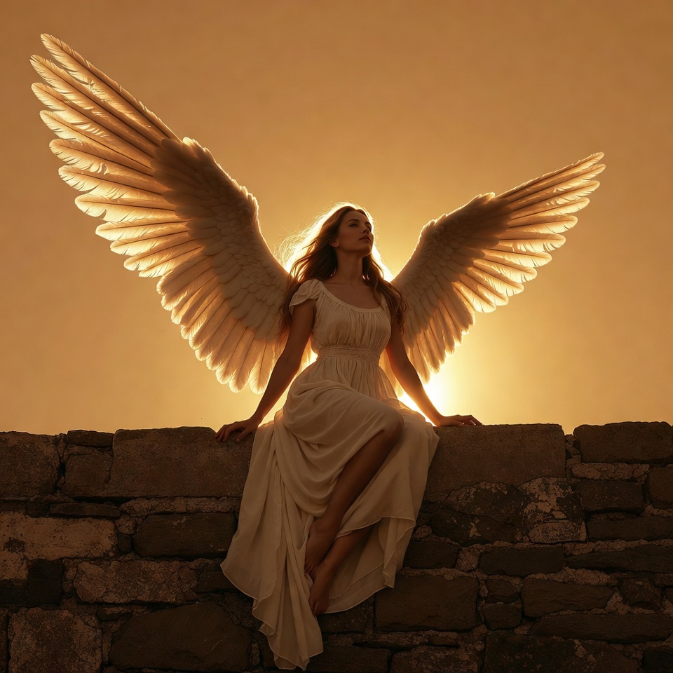 Woman with Angel Wings on Stone Wall Woman with Angel Wings on Stone Wall
