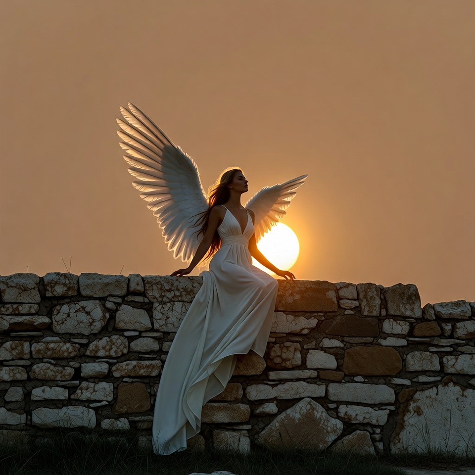 Woman angel with wings at sunset Woman angel with wings at sunset