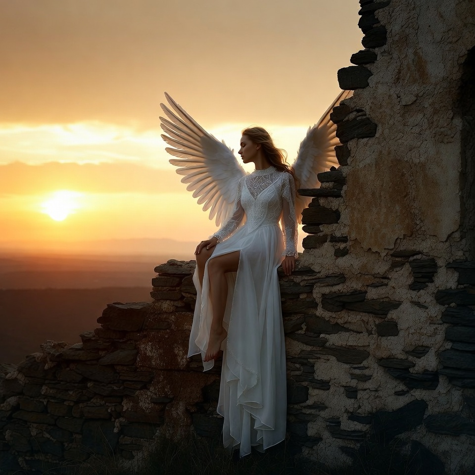 Woman angel in white dress on ruins Woman angel in white dress on ruins
