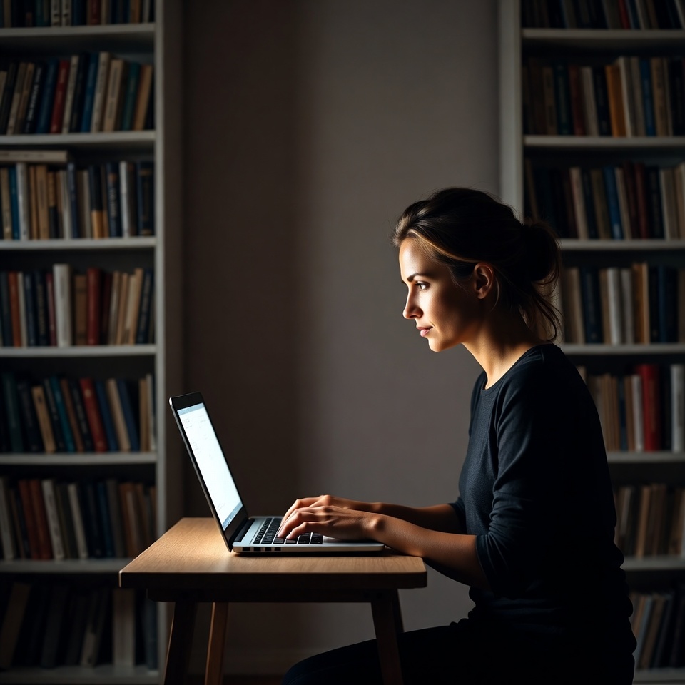 Woman working on laptop in library Woman working on laptop in library