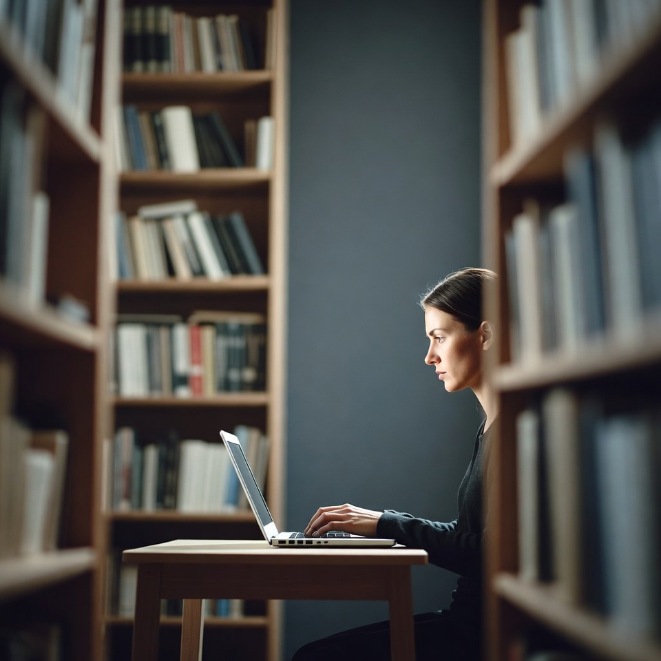 Woman working on laptop in library Woman working on laptop in library