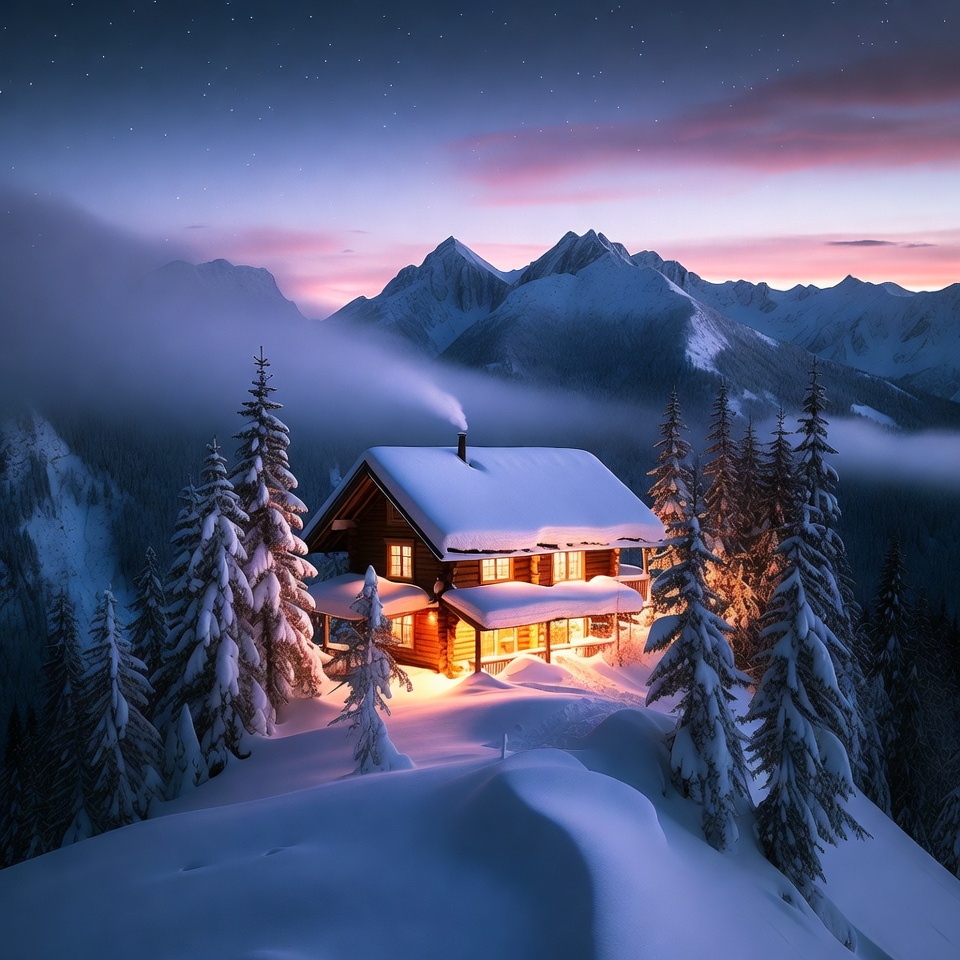 Cozy Snowy Cabin in Mountains at Twilight Cozy Snowy Cabin in Mountains at Twilight
