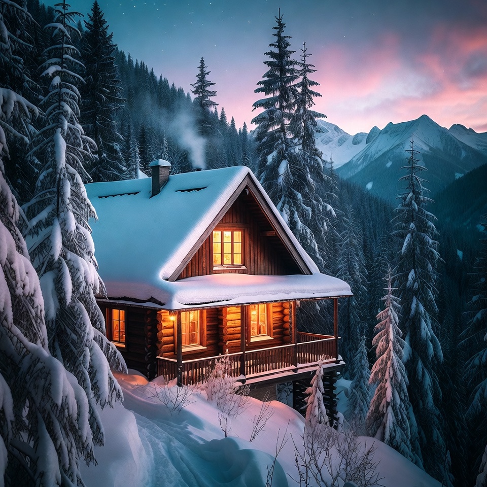 Snowy Wooden Cabin in Mountain Forest Snowy Wooden Cabin in Mountain Forest