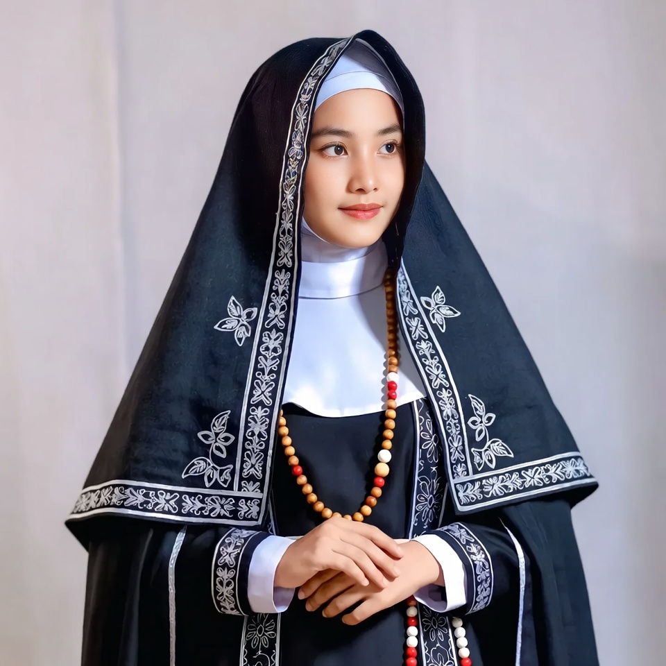 Asian nun in black habit with rosary Asian nun in black habit with rosary