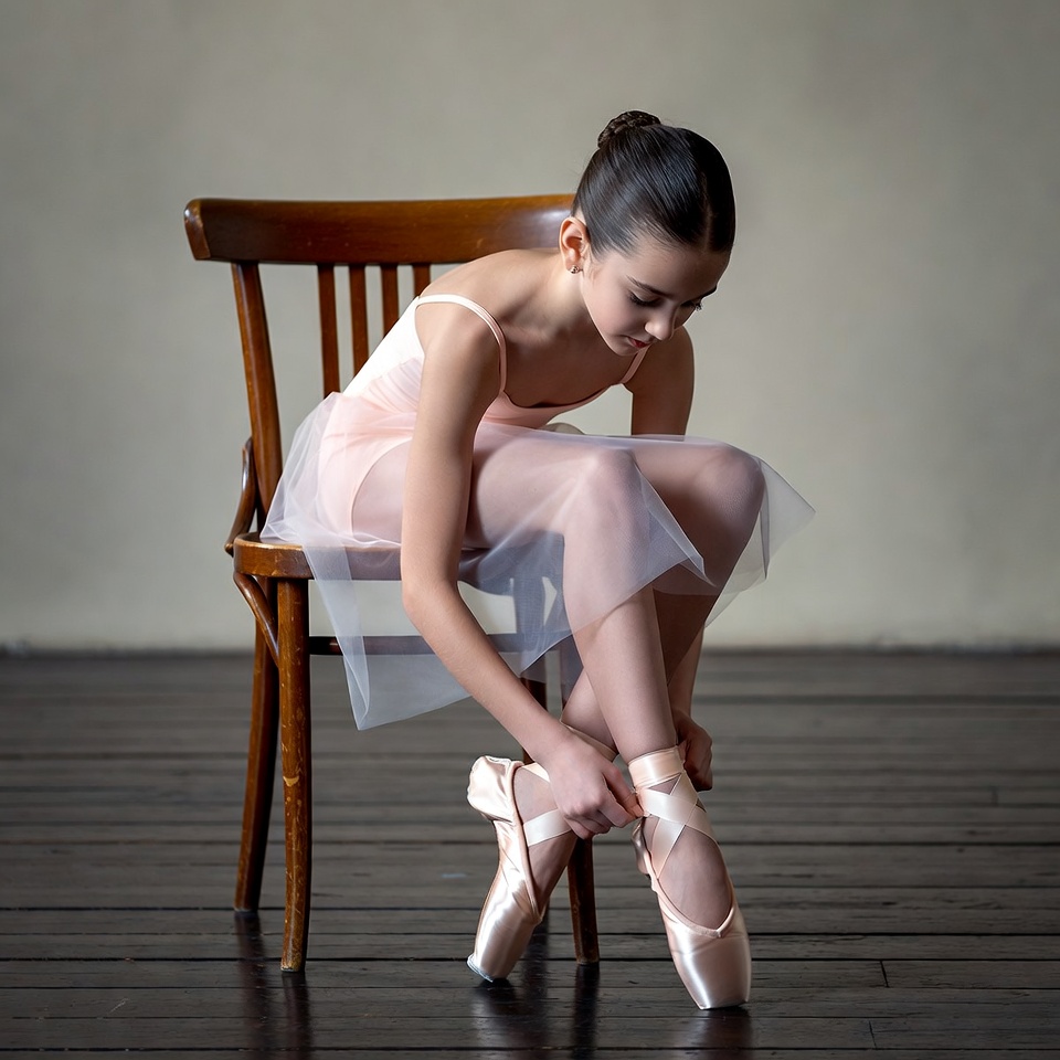Girl tying ballet pointe shoes Girl tying ballet pointe shoes