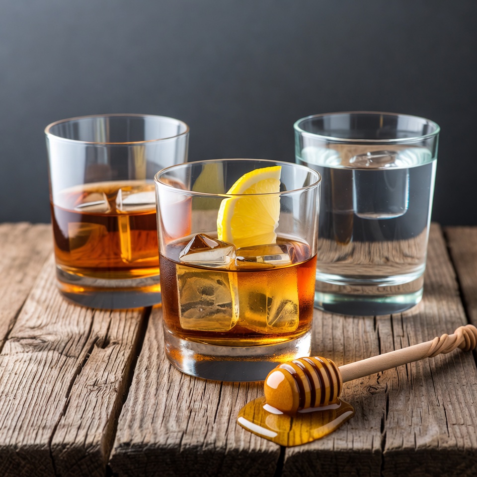 Whiskey with Lemon, Water Glasses on Wood Whiskey with Lemon, Water Glasses on Wood