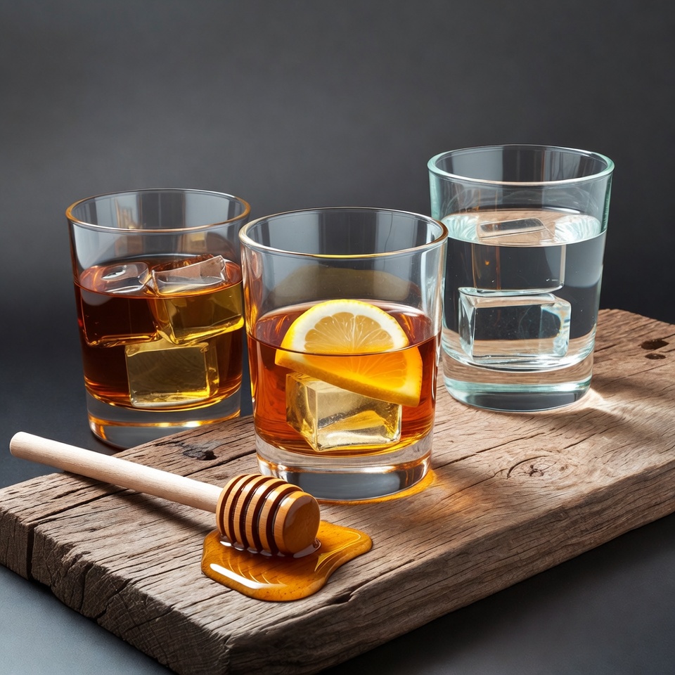 Whiskey, Water Glasses with Honey Dipper Whiskey, Water Glasses with Honey Dipper