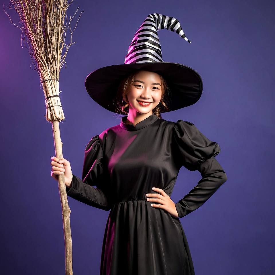 Asian woman witch with broom Asian woman witch with broom