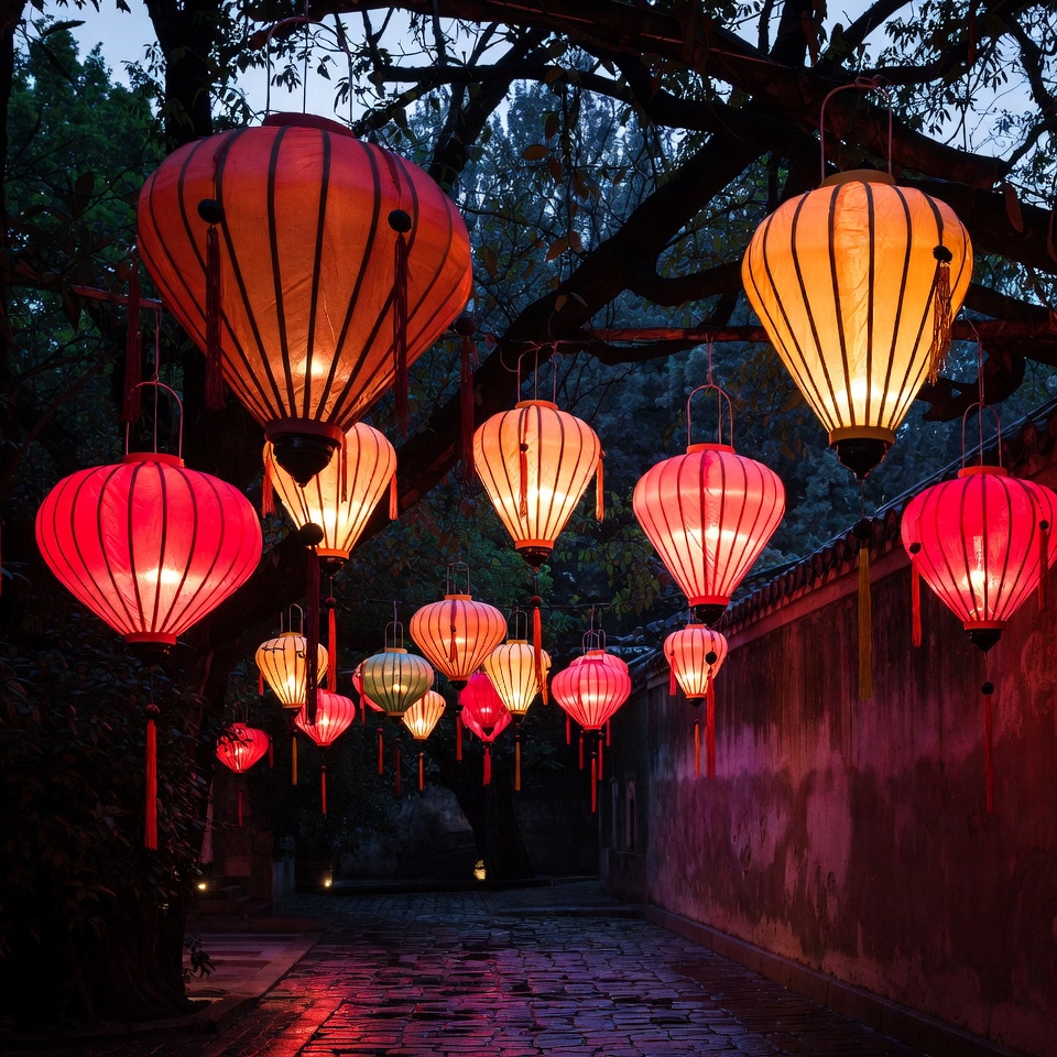Red lanterns hanging in garden path Red lanterns hanging in garden path