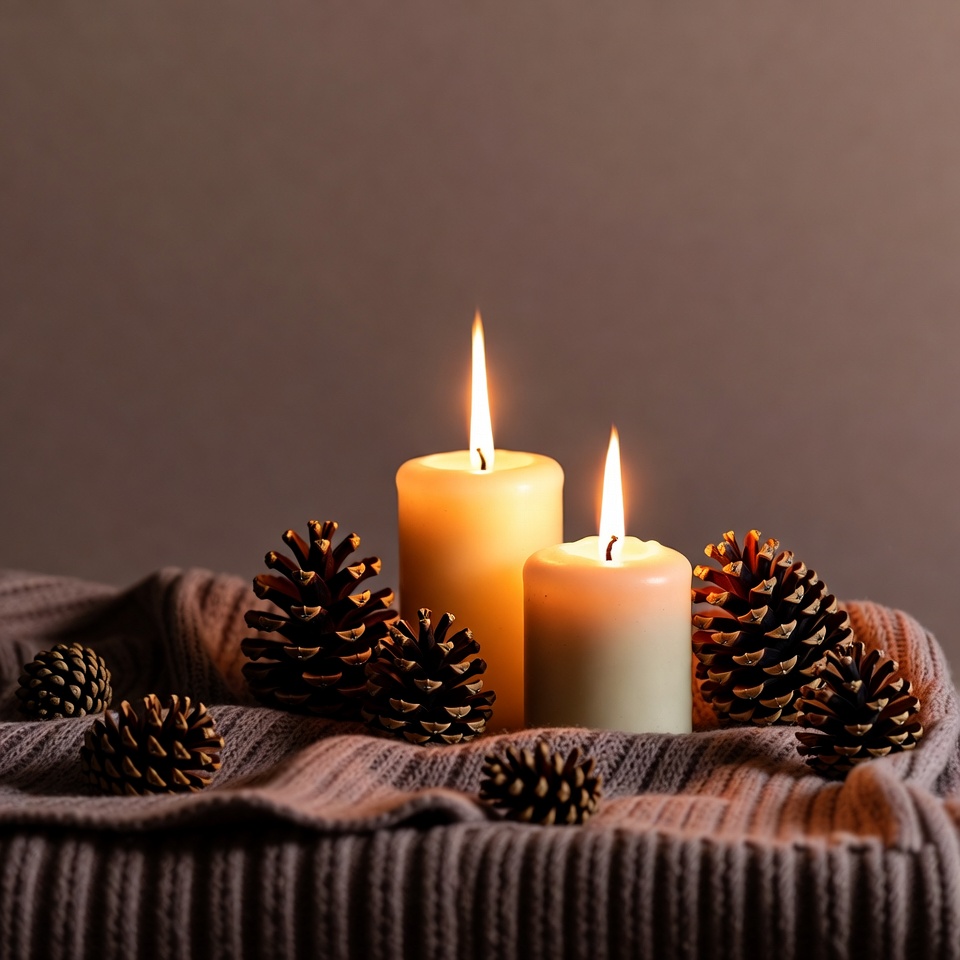 Burning Candles with Pine Cones Burning Candles with Pine Cones