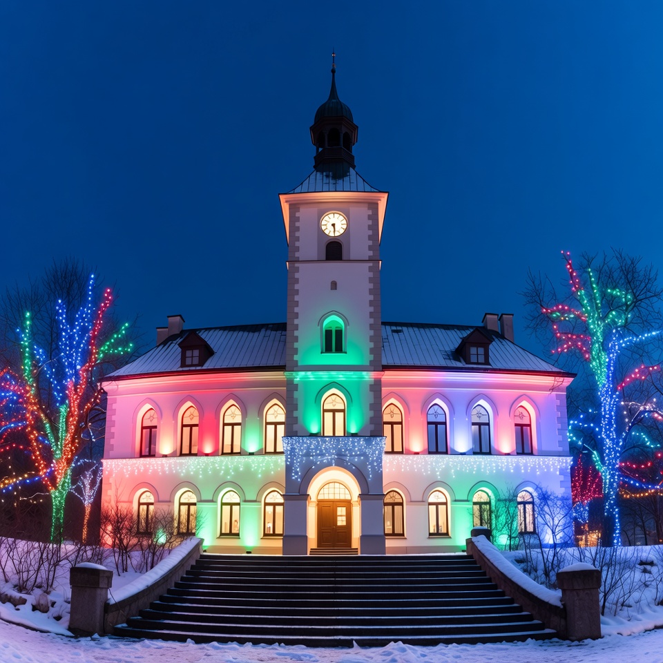 Colorful Lit Town Hall at Night Colorful Lit Town Hall at Night