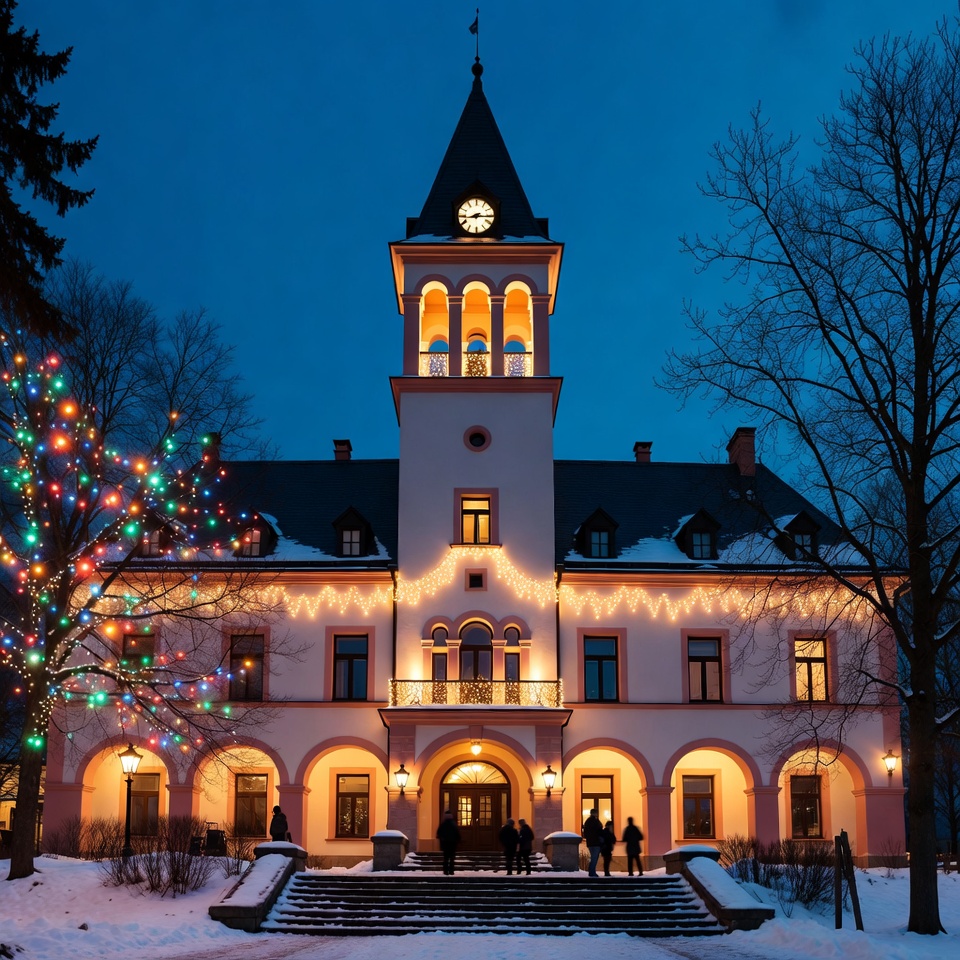 Christmas-Lit Historic Building at Night Christmas-Lit Historic Building at Night