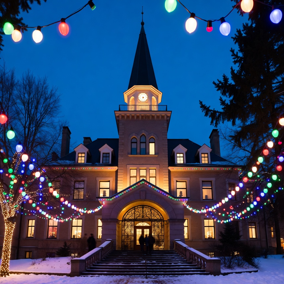 Christmas-Lit Historic Building with Clock Tower Christmas-Lit Historic Building with Clock Tower