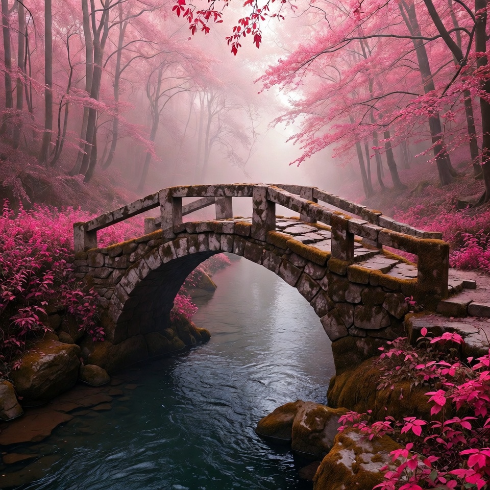 Stone Bridge in Pink Cherry Forest Stone Bridge in Pink Cherry Forest