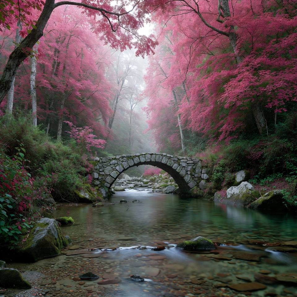 Pink Maple Forest Stone Bridge Pink Maple Forest Stone Bridge