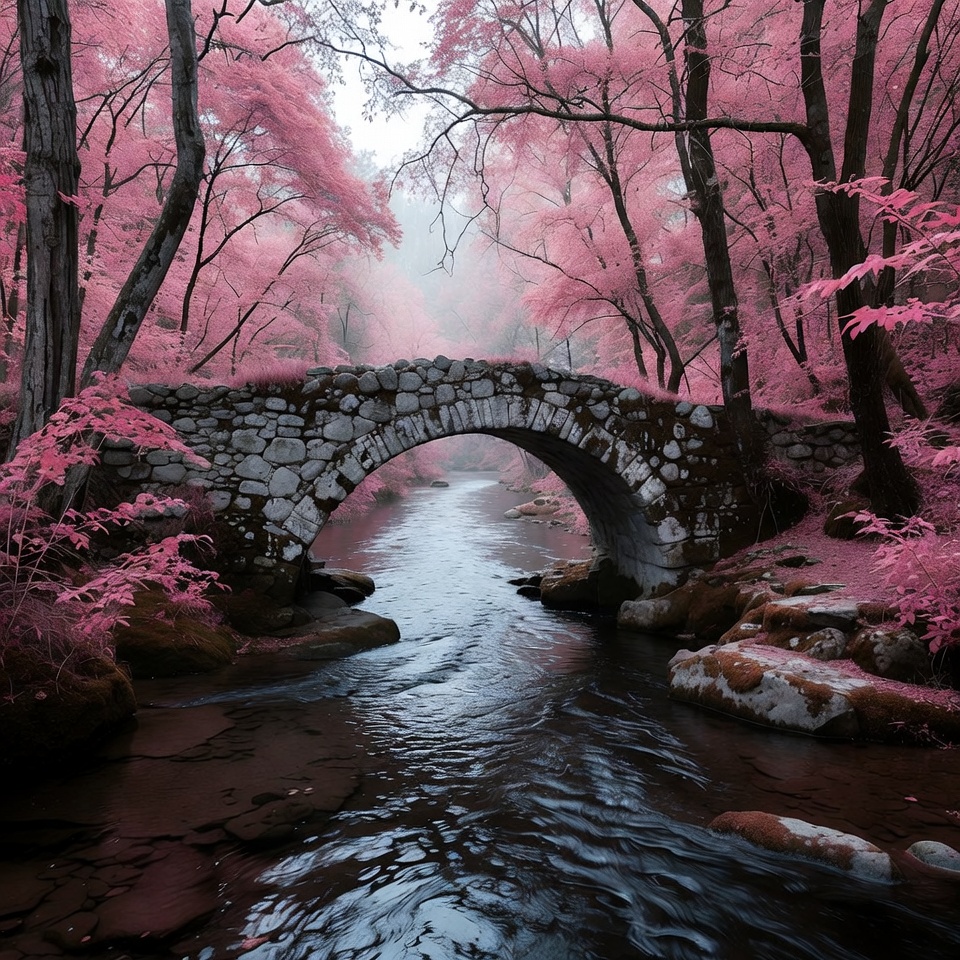 Pink Cherry Blossom Bridge Over Stream Pink Cherry Blossom Bridge Over Stream