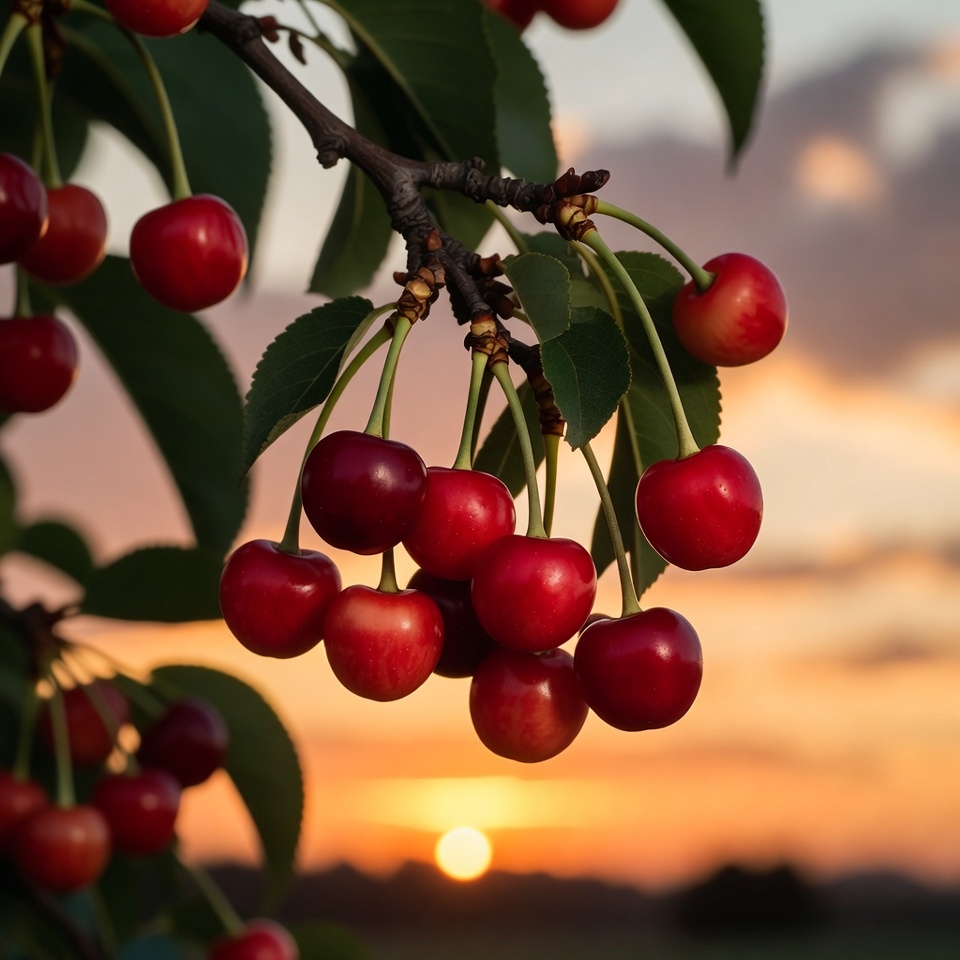 Ripe Cherries on Branch at Sunset Ripe Cherries on Branch at Sunset